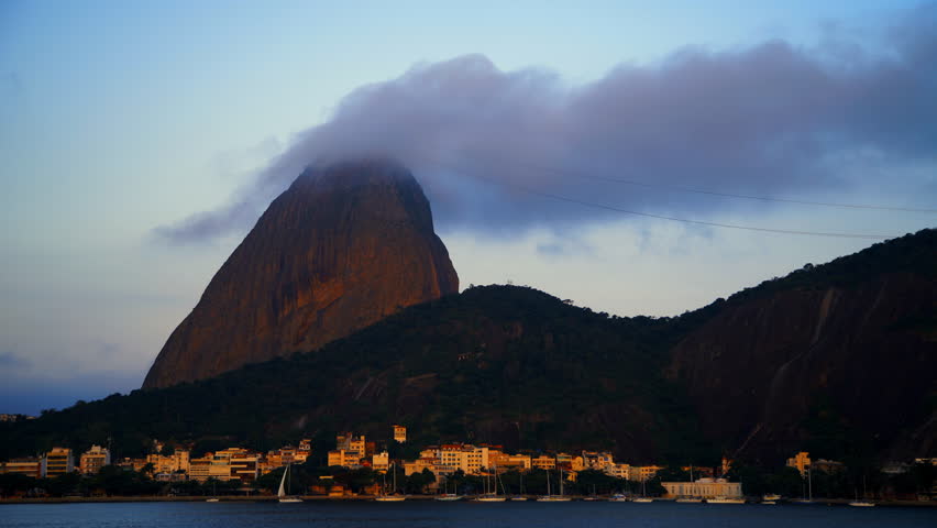 Lockdown Time Lapse Tranquil View Of Sugarloaf Mountain Peak Under Clouds - Rio de Janeiro, Brazil