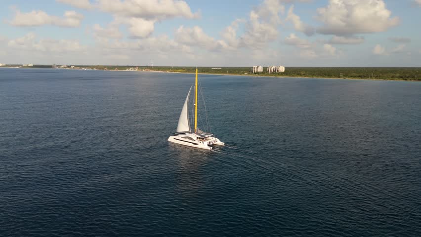Sailing in Caribbean sea, Mexico, catamaran, aerial view