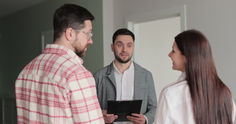 Family choosing new house or apartment, real estate agent, trying to take decision and make right choice of accommodation. Real estate concept.