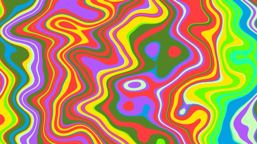 Abstract art - liquid psychedelic pattern of neon rainbow colored curved lines. Moving yellow, green, pink zebra pattern background. Modern groovy screen saver, creative reel, 60s, 70s trippy visual