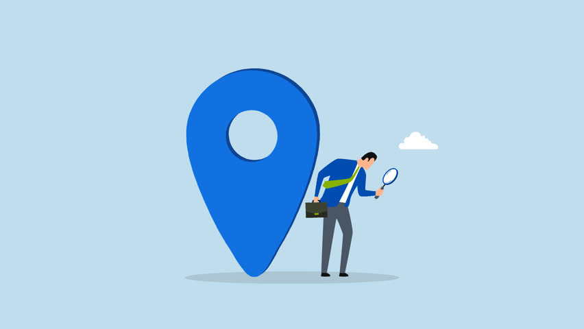 Location search for business address, 4k animation of curious businessman search with magnifying glass with map location pin.