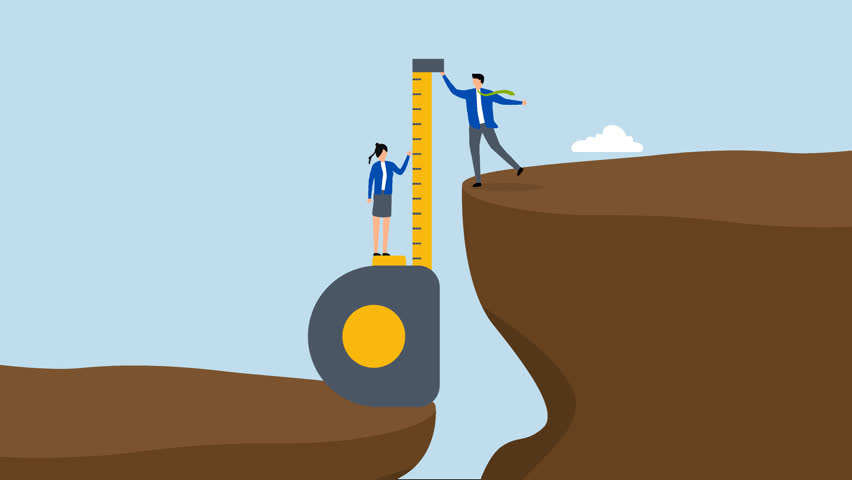 Gap analysis, 4k animation of business people measuring gap between cliff.