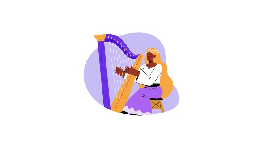 A flat animated illustration of female irish harpist 