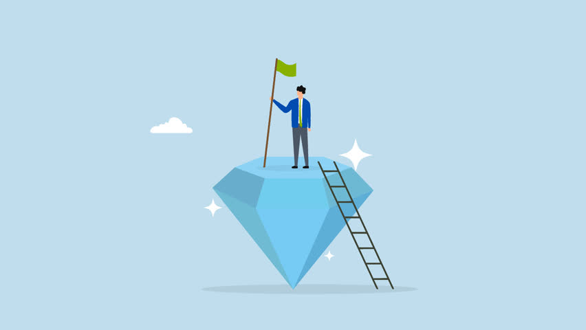 Value proposition, 4k animation of entrepreneur waving victory flag atop valuable high-quality diamond. 