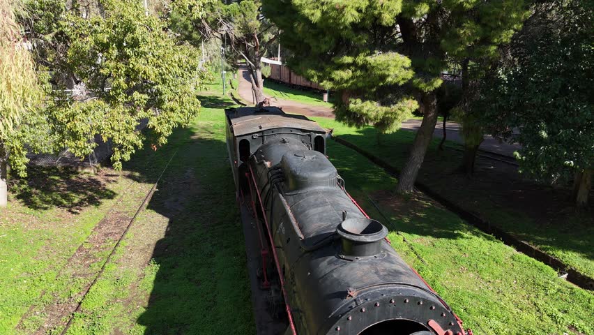 Aerial View of an Old Train in the Municipal Railway Park of Kalamata on the Peloponnese Peninsula, Greece