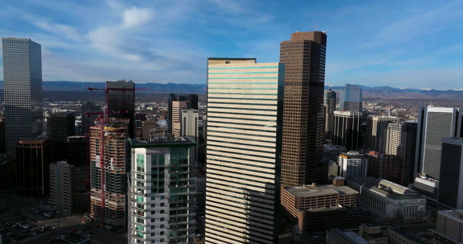 Hotels, Office, And Skyscrapers In Denver CBD, Colorado City, USA. - aerial shot