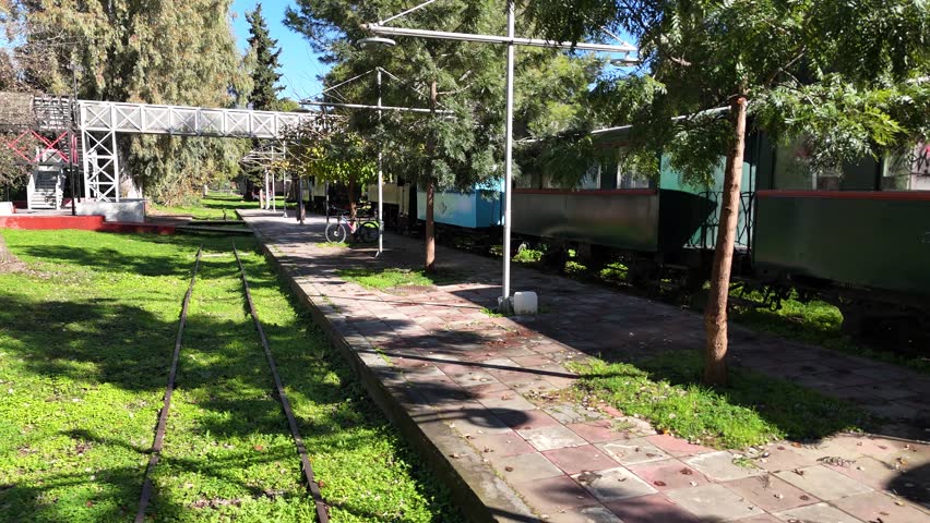 Aerial View of an Old Train in the Municipal Railway Park of Kalamata on the Peloponnese Peninsula, Greece