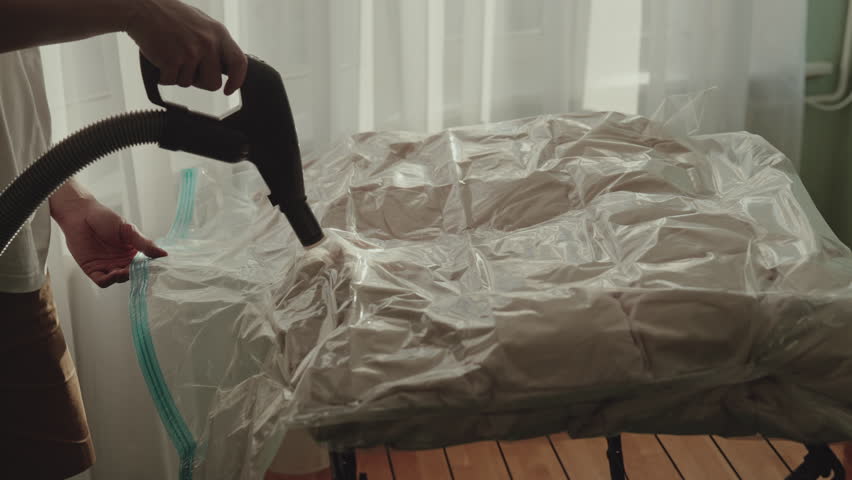 Using vacuum cleaner to extract air from large plastic bag filled with white blanket, compressing contents for efficient storage or travel organization. Concept of space saving and careful storage.