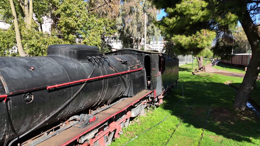 Aerial View of an Old Train in the Municipal Railway Park of Kalamata on the Peloponnese Peninsula, Greece