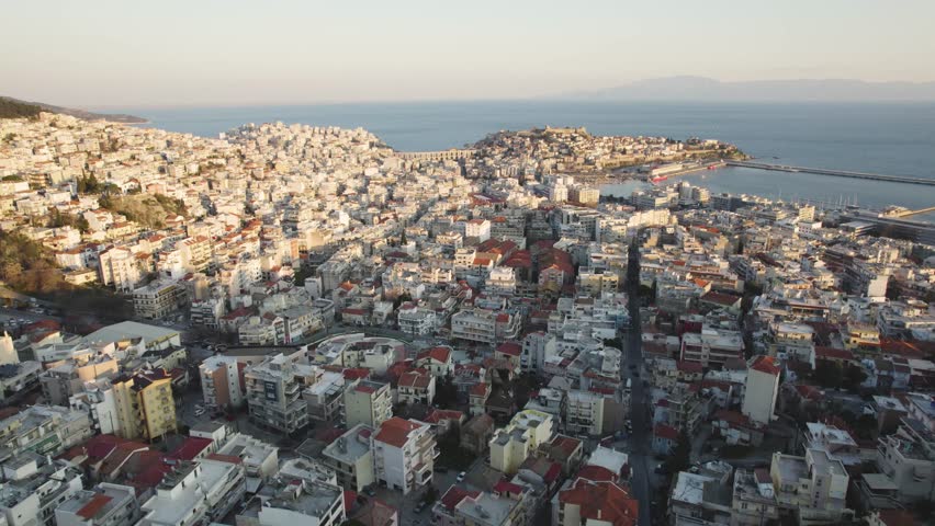 Kavala Greece Aerial Dolly Shot, Panoramic View of City Center and Buildings