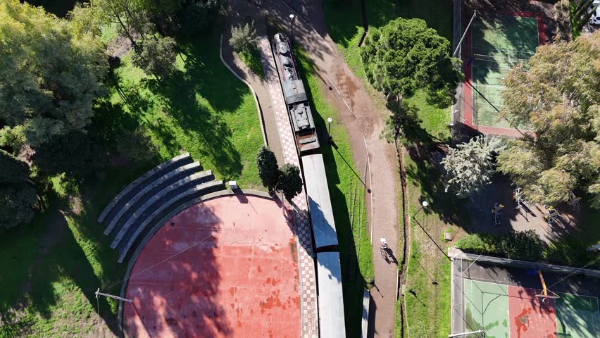 Aerial view of the Municipal Railway Park of Kalamata on the Peloponnese Peninsula, Greece