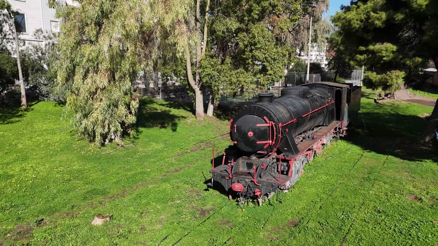 Aerial View of an Old Train in the Municipal Railway Park of Kalamata on the Peloponnese Peninsula, Greece