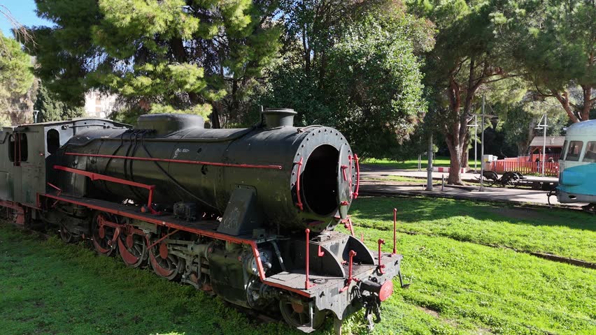 Aerial View of an Old Train in the Municipal Railway Park of Kalamata on the Peloponnese Peninsula, Greece