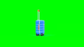 3D Animated Blue Luggage Suitcase With Zipper and Orange Retractable Handle Spinning Upright on Four Casters Wheels. Green Screen. - Powered by Shutterstock - Get 15% off with code: PIKWIZARD15