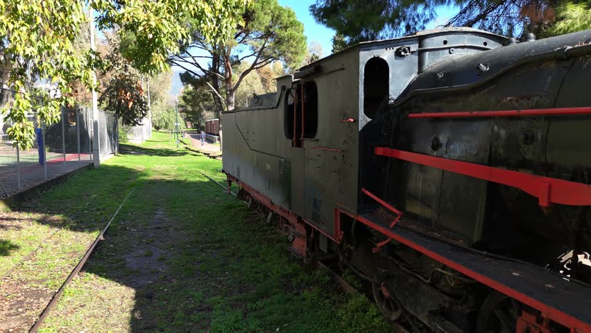Aerial View of an Old Train in the Municipal Railway Park of Kalamata on the Peloponnese Peninsula, Greece