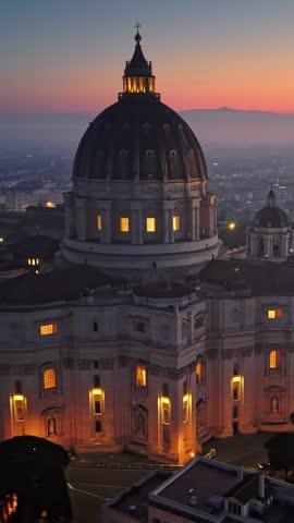 Sunset over Vatican City showcases St. Peter's Basilica illuminated by twilight, capturing the essence of Rome at dusk with a breathtaking panoramic view. Aerial vertical shot