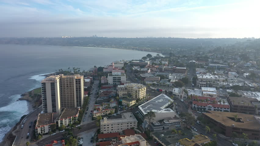 La Jolla California during early morning, drone flight showing coastline.