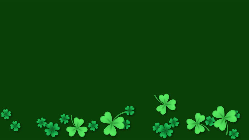 4K Animation, Shamrock leaves blowing in the wind below the frame on dark green background. St. Patrick's day background