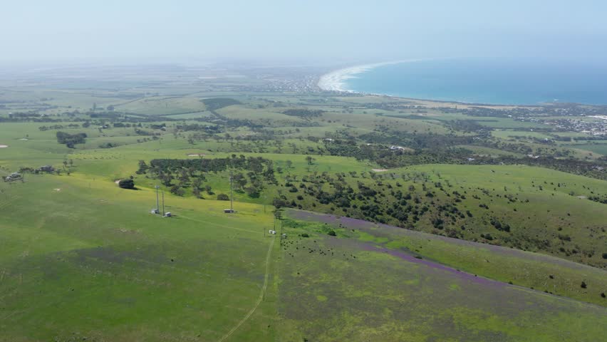 A aerial shot of Victor Harbor, South Australia, displaying rolling green fields, a stunning coastline, and scattered vegetation. A communication tower stands among the open rural landscape
