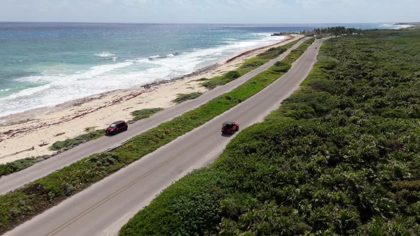 Road trip by the beach in Mexico, aerial view 