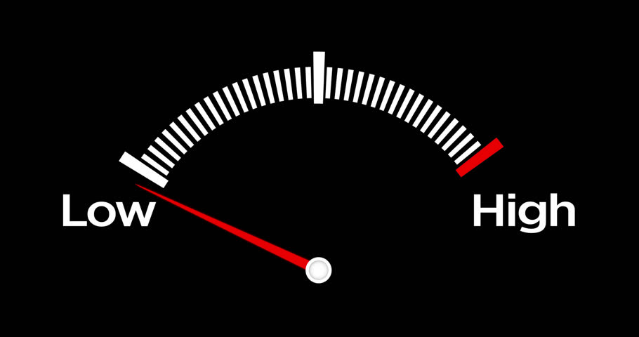 Gauge meter with low and high indications. Level measuring with moving red arrow. Transparent background with alpha channel