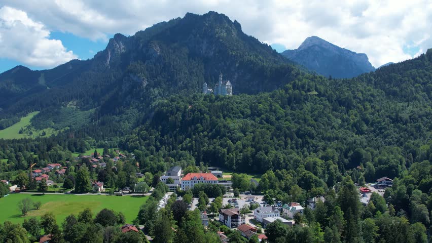 Aerial of famous Neuschwanstein Castle and surroundings in Bavaria Germany