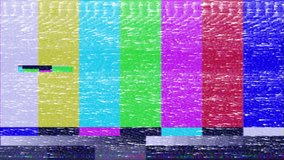 Flickering video with bad signal damaged interference. Analog TV signal distortion and noise effect. TV error screen. Broken antenna. SMPTE color bars data errors. Test pattern from a TV broadcast. - Powered by Shutterstock - Get 15% off with code: PIKWIZARD15