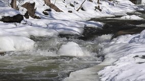 Slow motion video of stream, swollen from  early spring melt, cascading over rocks.  Rising spring temperatures begin to melt the snow and ice in a creek's watershed. - Powered by Shutterstock - Get 15% off with code: PIKWIZARD15