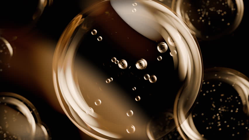 Golden serum liquid bubbles. Luxury beauty cosmetics macro 3D abstract background. Bio moisturizer essence gel or oil drops. Collagen fluid molecule. Moisturizing peptide face cream for skin lifting