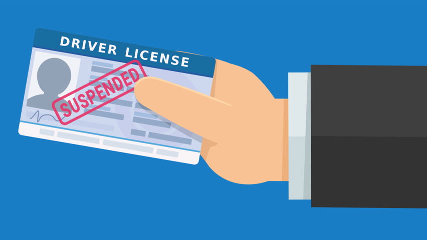 A hand presents presenting a Suspended Driving license from the right on blue background (flat design)