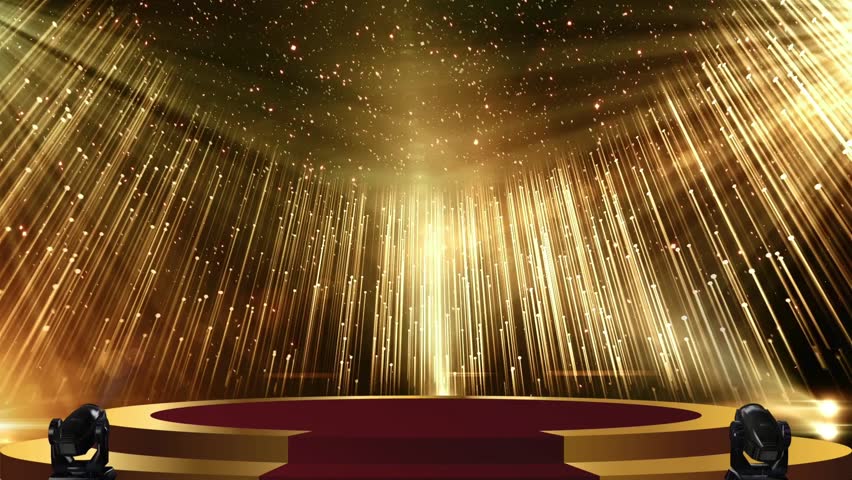 A luxurious award stage illuminated by golden light rays, creating a glamorous and elegant atmosphere. Perfect for ceremonies, red carpet events, entertainment industry visuals, and VIP celebrations.