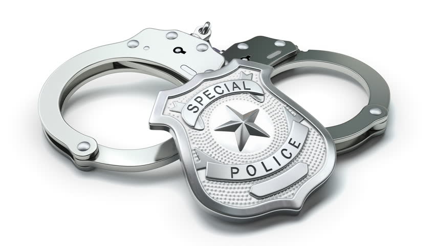 Police badge and handcuffs isolated on white background. 3D Illustration