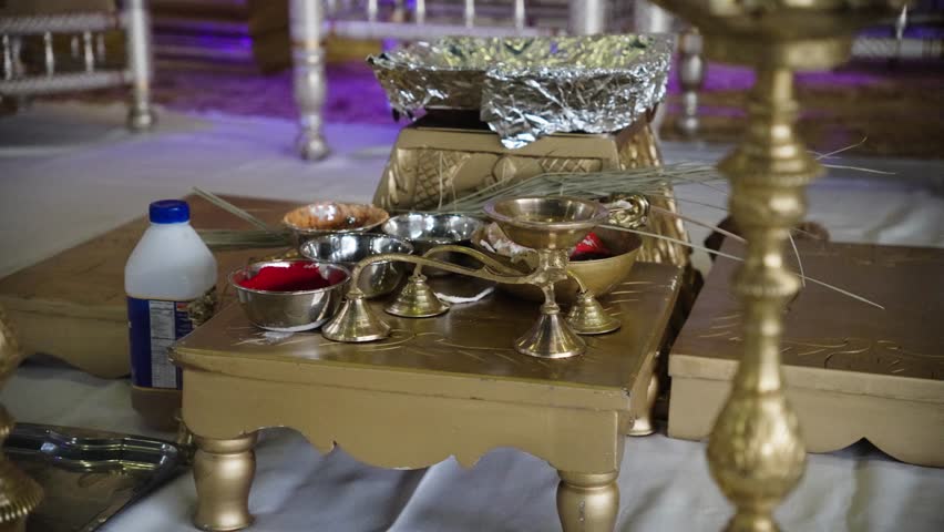 Hindu Prayer Items On The Table At Hindu Wedding. - closeup shot