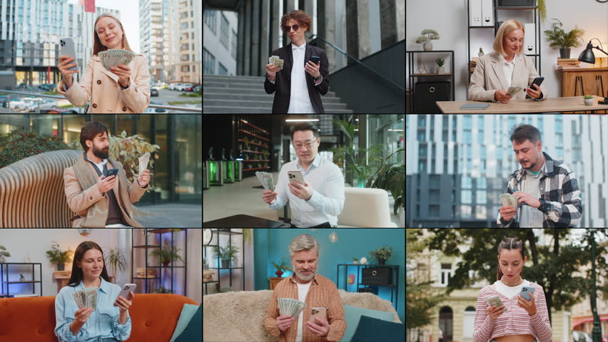 Collage of happy rich people men women holding smartphone counting money dollar cash while making financial transfer through mobile app, quick transaction, satisfied with earnings, salary, savings