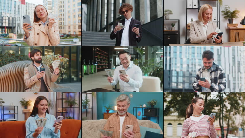 Collage of happy rich people men women holding smartphone counting money dollar cash while making financial transfer through mobile app, quick transaction, satisfied with earnings, salary, savings