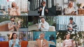 Collage of happy rich people men women holding smartphone counting money dollar cash while making financial transfer through mobile app, quick transaction, satisfied with earnings, salary, savings - Powered by Shutterstock - Get 15% off with code: PIKWIZARD15