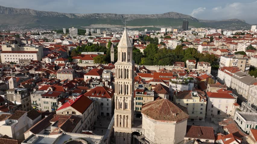 Aerial overview of Split old town with its historic stone Saint Domnius Cathedral tower chapel