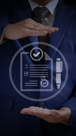 A business professional presents a floating digital document with a checkmark and pen icon, symbolizing the executive summary in a business plan. The loop animation represents approval, planning, and 