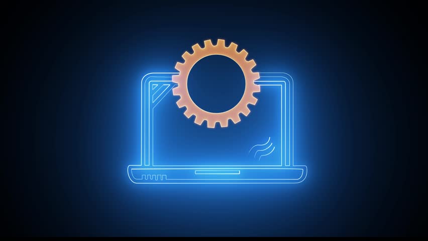 Glowing neon line Laptop and one gear icon isolated on black background. Computer service icon, technical support concept, call center and customer service. Business and technology concept. - Powered by Shutterstock - Get 15% off with code: PIKWIZARD15