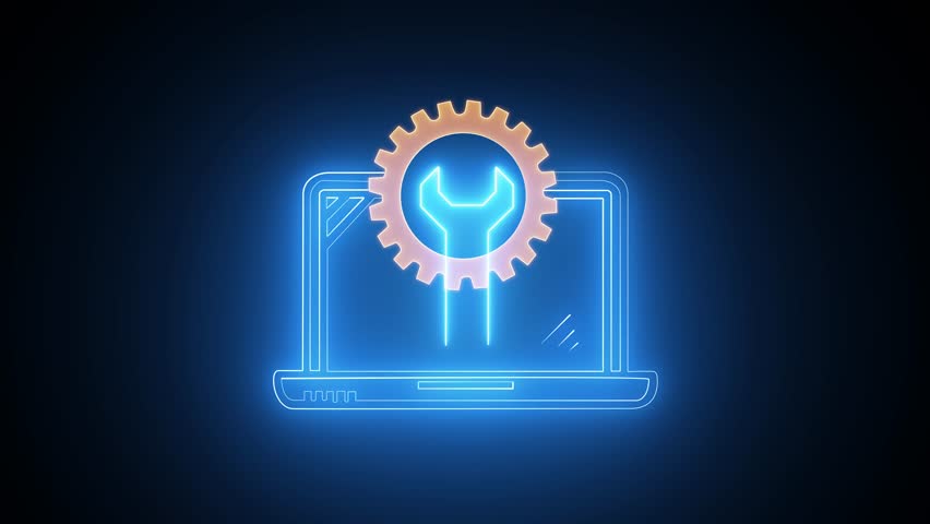 Glowing neon line Laptop and one gear icon isolated on black background. Computer service icon, technical support concept, call center and customer service. Business and technology concept. - Powered by Shutterstock - Get 15% off with code: PIKWIZARD15