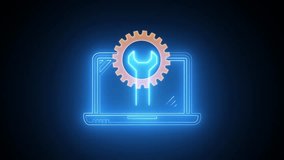 Glowing neon line Laptop and one gear icon isolated on black background. Computer service icon, technical support concept, call center and customer service. Business and technology concept. - Powered by Shutterstock - Get 15% off with code: PIKWIZARD15