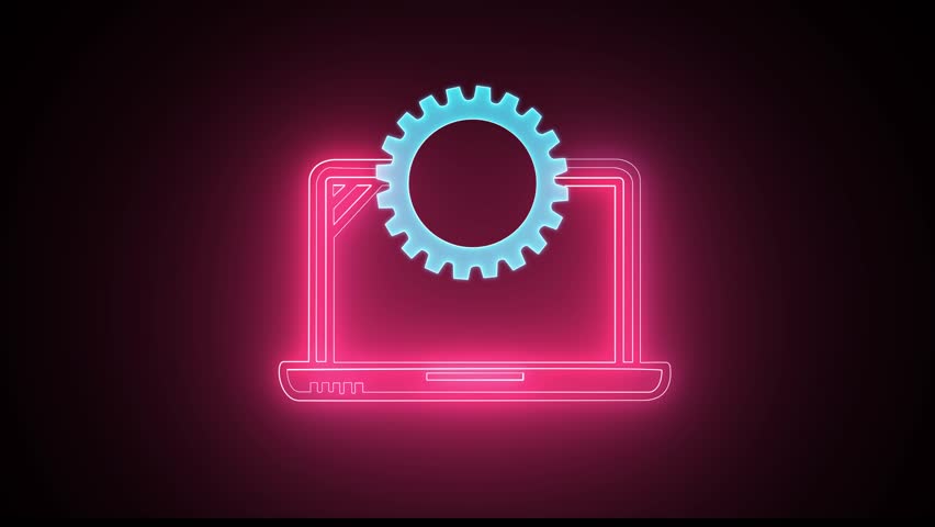 Glowing neon line Laptop and one gear icon isolated on black background. Computer service icon, technical support concept, call center and customer service. Business and technology concept. - Powered by Shutterstock - Get 15% off with code: PIKWIZARD15