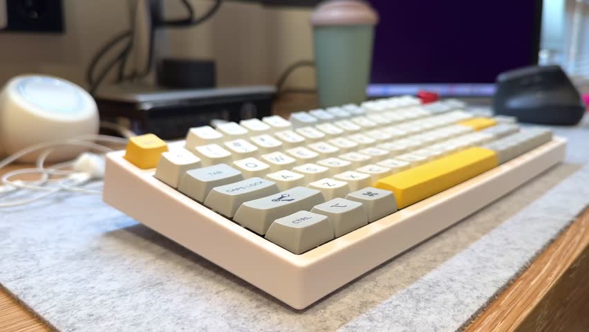 White mechanical keyboard in the office of a programmer employee with red switches and yellow keys and a red volume toggle button