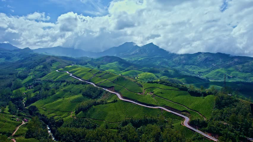 top hill village drone view India kerala munnar