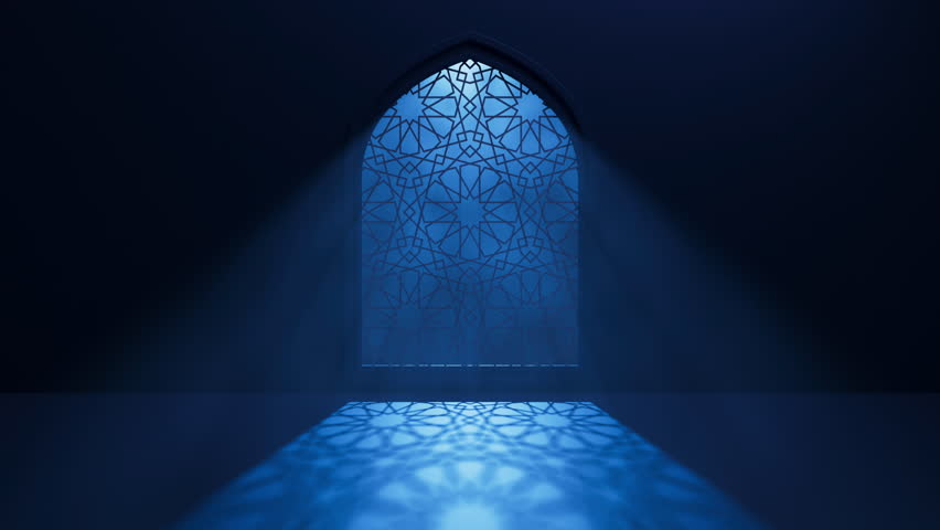 Moon light shine through the window into Islamic mosque interior. Ramadan Kareem Islamic motion background. 3d animation.