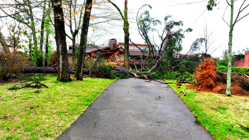 Aerial: Drone Forward Shot Of Trees Fallen Outside House Due To Tornado In Town Against Clear Sky - Little Rock, Arkansas