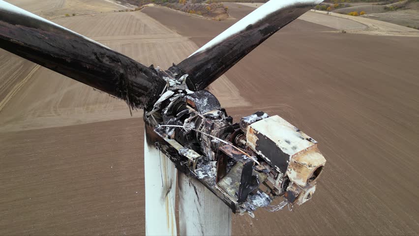Close up footage of a burned down wind turbine generator. Lightning strike of windmill or overheating caused meltdown of power generator engine and mechanical system. Destroyed infrastructure Disaster