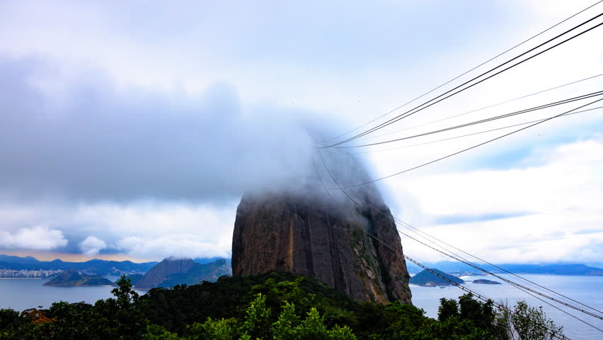 Aerial Lockdown Time Lapse Shot Of Scenic Shot Of Cables Cars Moving On Sugarloaf Mountain Under Clouds In Sky - Rio de Janeiro, Brazil
