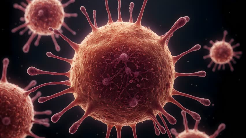 Unregulated growth under the microscope. Cancer cells, shown in a close-up view, represent the challenge of combating uncontrolled cellular multiplication.
