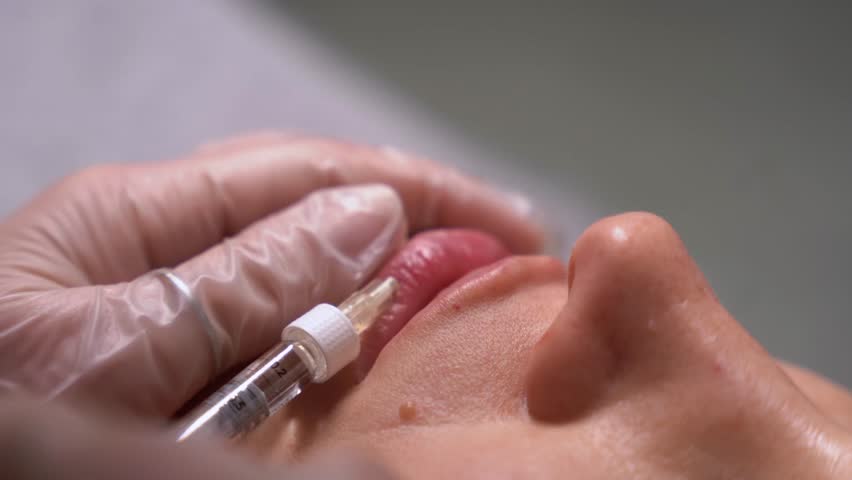 Beautician doctor makes botox injection in the lips of young beautiful woman. Colorcorrected 4k shot